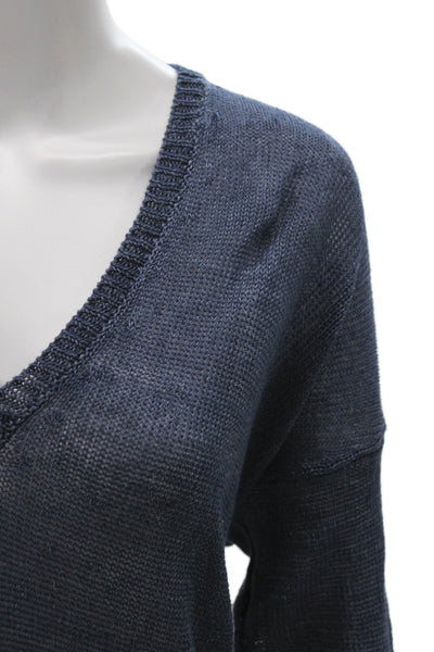 Margaret OLeary Women Blue Linen V-Neck Pullover Sweater Long Sleeve Size L