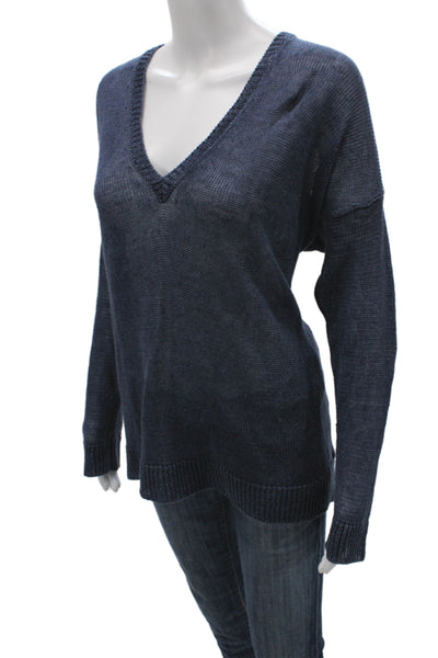 Margaret OLeary Women Blue Linen V-Neck Pullover Sweater Long Sleeve Size L