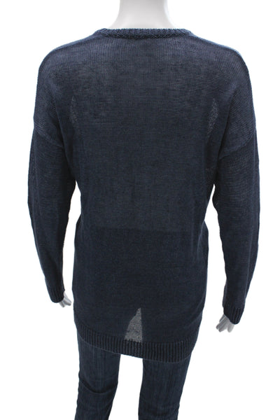 Margaret OLeary Women Blue Linen V-Neck Pullover Sweater Long Sleeve Size L