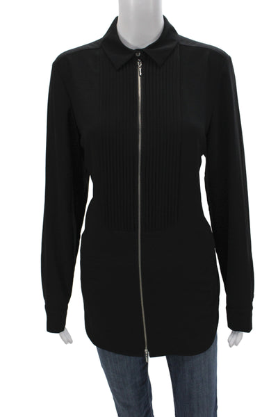 Paper White Women Collared Black Long Sleeve Basic Casual Top Zip Size 10