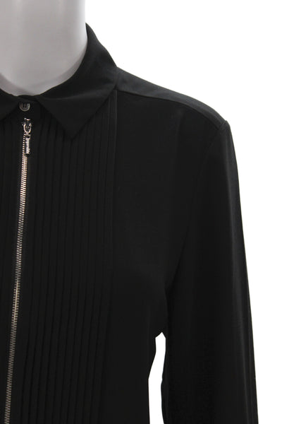 Paper White Women Collared Black Long Sleeve Basic Casual Top Zip Size 10