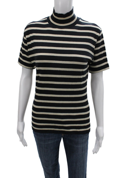 Rene Lezard Unisex Black Striped Mock Neck Basic T-Shirt Short Sleeve Size 4
