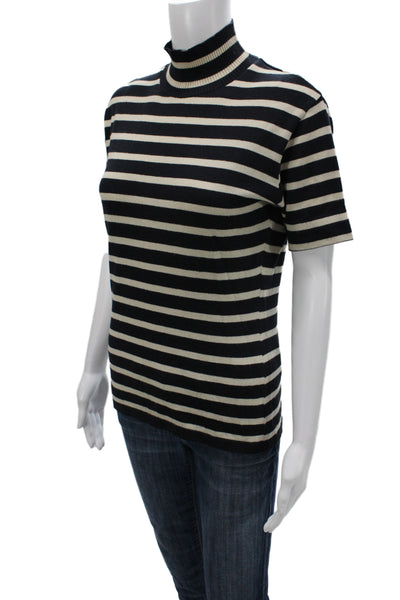Rene Lezard Unisex Black Striped Mock Neck Basic T-Shirt Short Sleeve Size 4