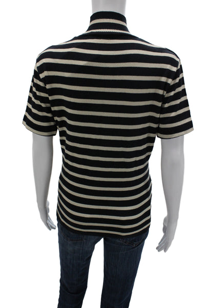 Rene Lezard Unisex Black Striped Mock Neck Basic T-Shirt Short Sleeve Size 4