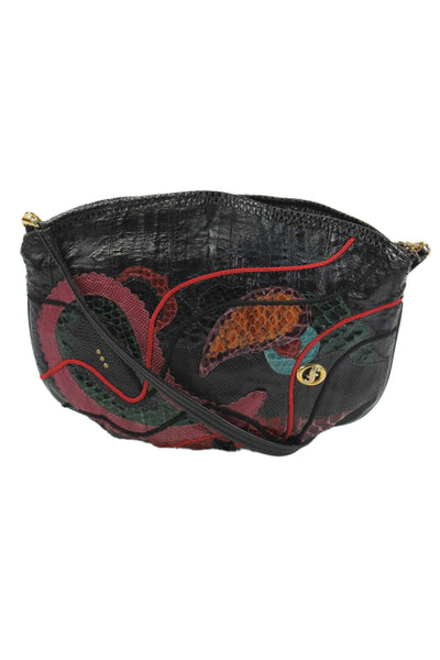 Carlo Fiori Womens Single Strap Lizard Snakeskin Shoulder Handbag Black Pink