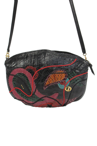 Carlo Fiori Womens Single Strap Lizard Snakeskin Shoulder Handbag Black Pink