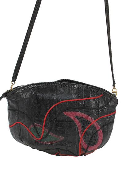 Carlo Fiori Womens Single Strap Lizard Snakeskin Shoulder Handbag Black Pink
