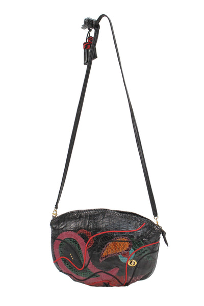 Carlo Fiori Womens Single Strap Lizard Snakeskin Shoulder Handbag Black Pink