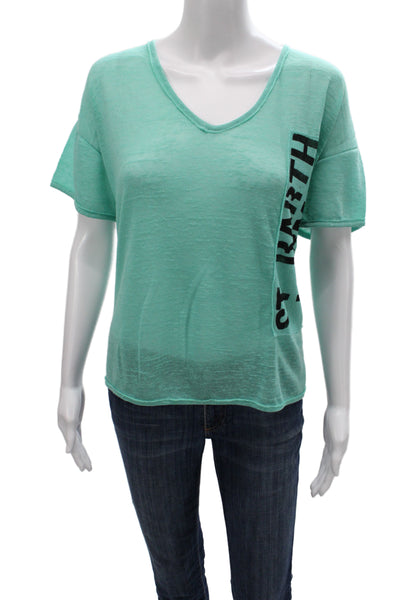 Designer Women Graphic Tee Green Linen V Neck Short Sleeve Size M