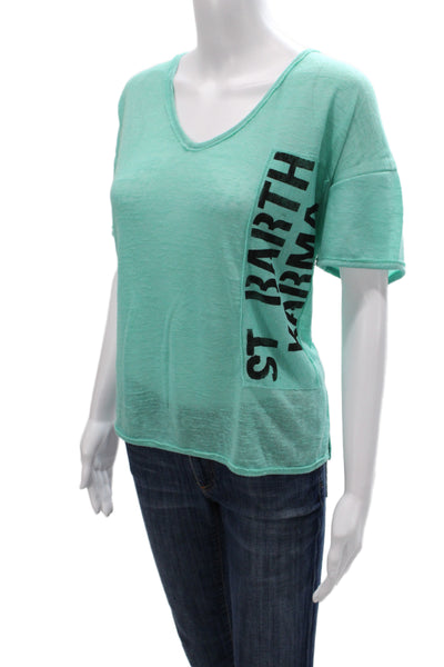 Designer Women Graphic Tee Green Linen V Neck Short Sleeve Size M