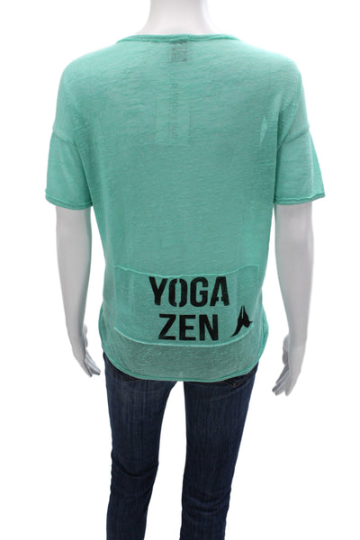 Designer Women Graphic Tee Green Linen V Neck Short Sleeve Size M
