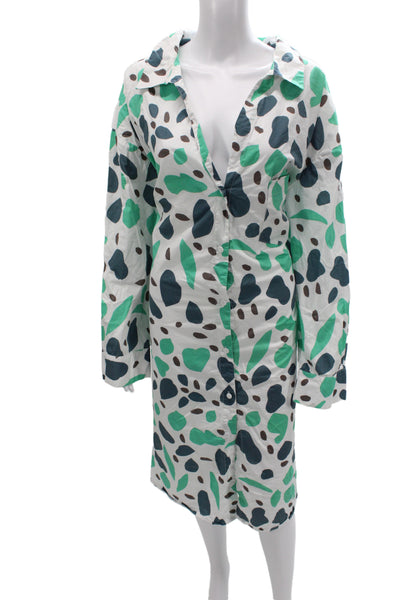 Wray Women Shirt Dress Green Animal Print Cotton Long Sleeve Mid Calf Size 3XL