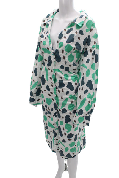 Wray Women Shirt Dress Green Animal Print Cotton Long Sleeve Mid Calf Size 3XL