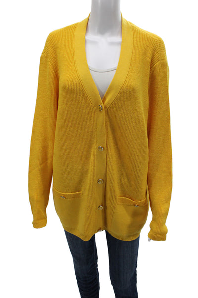 St. John Womens Yellow Knit V Neck Cardigan Long Sleeve Size L