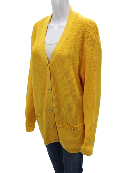 St. John Womens Yellow Knit V Neck Cardigan Long Sleeve Size L