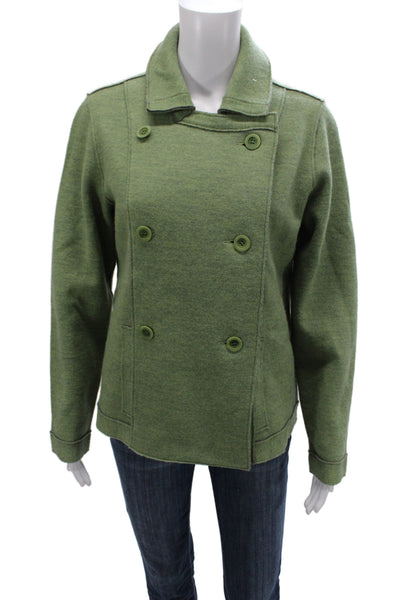 Eileen Fisher Women Green Merino Wool Pea Coat Button Long Sleeve Size M