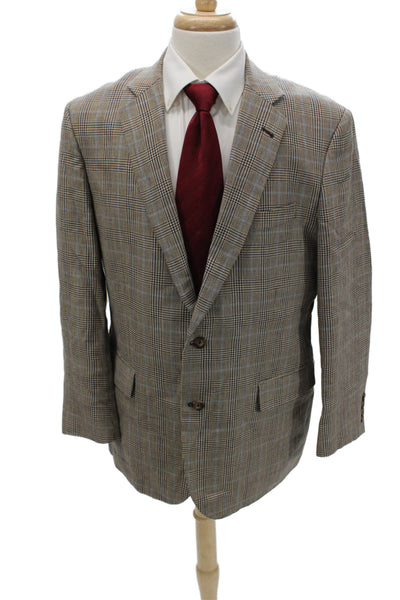 Brooks Brothers Mens 2 Piece Plaid Sport Coat Beige Linen Size 44