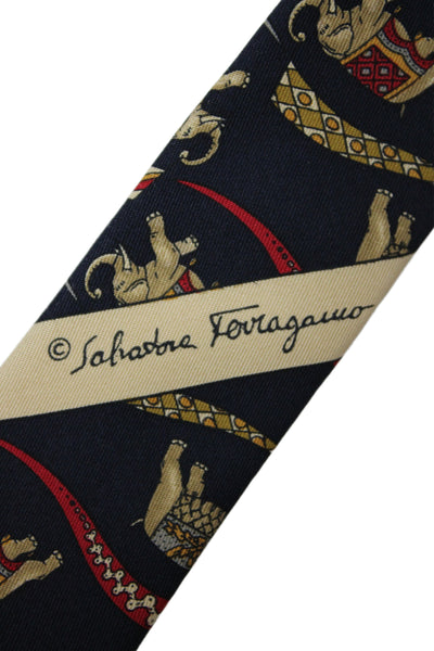 Salvatore Ferragamo Mens 100 Percent Silk Novelty Dark Blue Tie 58in