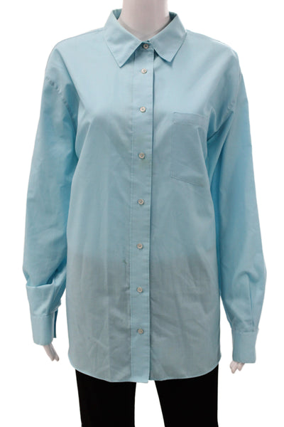 Foxcroft Womens Blue Solid Collared Long Sleeve Shirt 55% Cotton Size 16W
