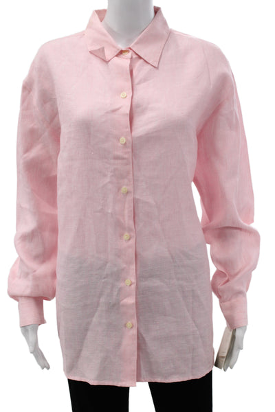 Liz Claiborne Women Button-Down Shirt Pink Linen Collared Long Sleeve Size L