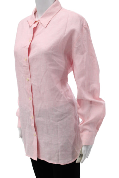Liz Claiborne Women Button-Down Shirt Pink Linen Collared Long Sleeve Size L