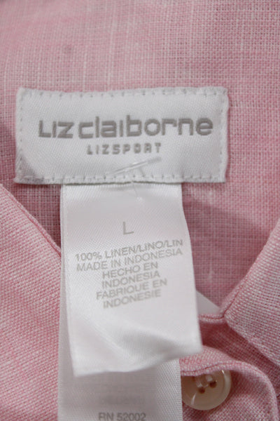Liz Claiborne Women Button-Down Shirt Pink Linen Collared Long Sleeve Size L