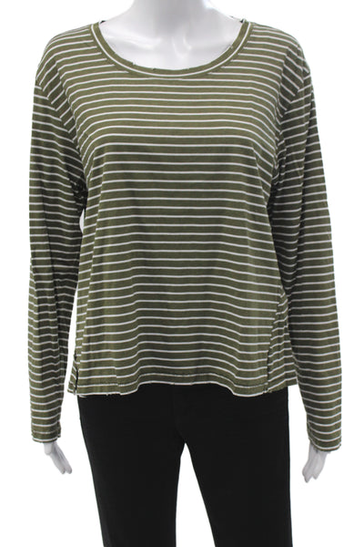 Leallo Unisex Basic Striped Green 100% Cotton Long Sleeve T-Shirt Size L