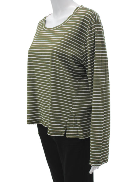 Leallo Unisex Basic Striped Green 100% Cotton Long Sleeve T-Shirt Size L