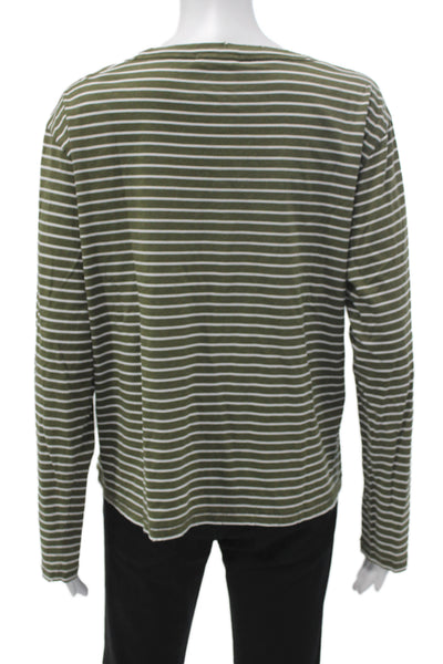 Leallo Unisex Basic Striped Green 100% Cotton Long Sleeve T-Shirt Size L
