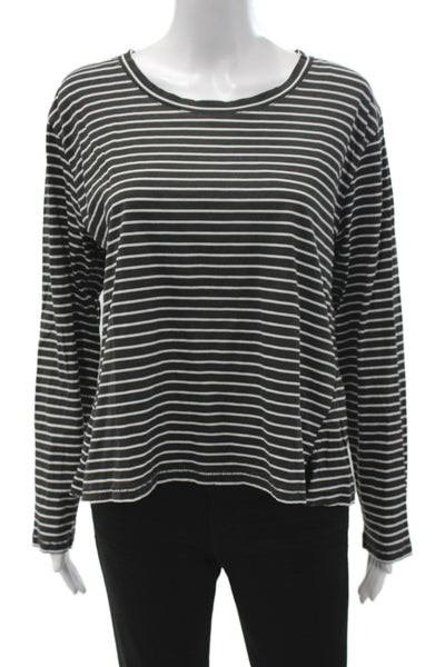 Leallo Women Basic Tee Black Striped Long Sleeve Round Neck Cotton Size L
