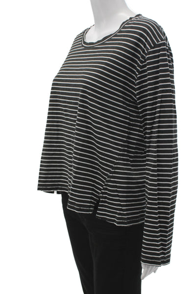 Leallo Women Basic Tee Black Striped Long Sleeve Round Neck Cotton Size L