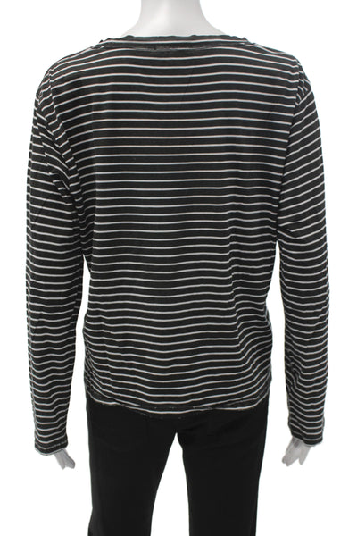 Leallo Women Basic Tee Black Striped Long Sleeve Round Neck Cotton Size L