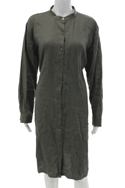 Eileen Fisher Womens Green Organic Linen Shirt Dress Long Sleeve Size M