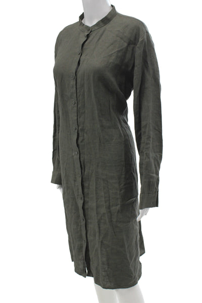 Eileen Fisher Womens Green Organic Linen Shirt Dress Long Sleeve Size M