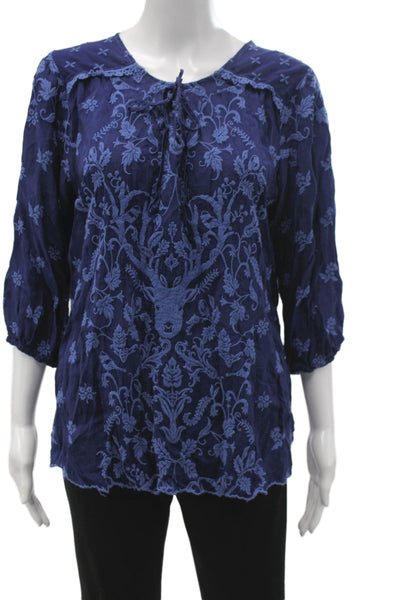 Johnny Was Women Bohemian Floral Blue Shirt Round Neck Tie 3/4 Sleeve Size M