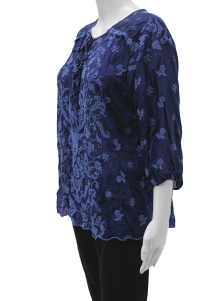 Johnny Was Women Bohemian Floral Blue Shirt Round Neck Tie 3/4 Sleeve Size M