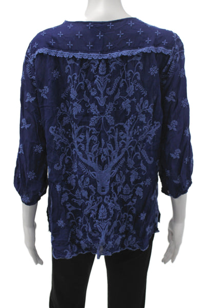 Johnny Was Women Bohemian Floral Blue Shirt Round Neck Tie 3/4 Sleeve Size M
