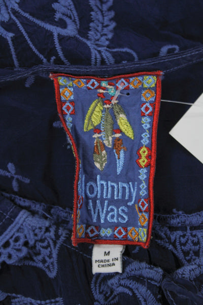 Johnny Was Women Bohemian Floral Blue Shirt Round Neck Tie 3/4 Sleeve Size M