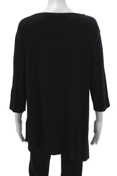 Eileen Fisher Womens Black Tencel Lyocell Scoop Neck 3/4 Sleeve Shirt Size M
