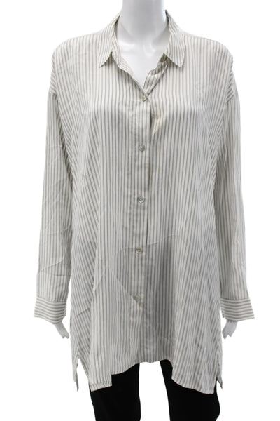 Eileen Fisher Women Silk Striped Tunic Button-Up Gray Long Sleeve Size M