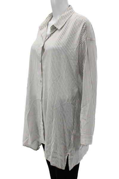 Eileen Fisher Women Silk Striped Tunic Button-Up Gray Long Sleeve Size M