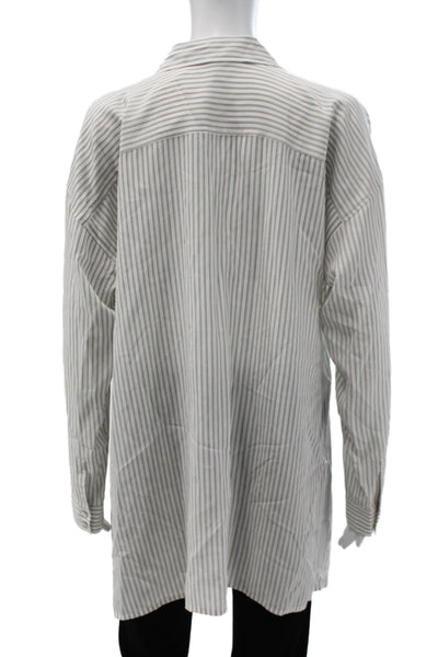 Eileen Fisher Women Silk Striped Tunic Button-Up Gray Long Sleeve Size M