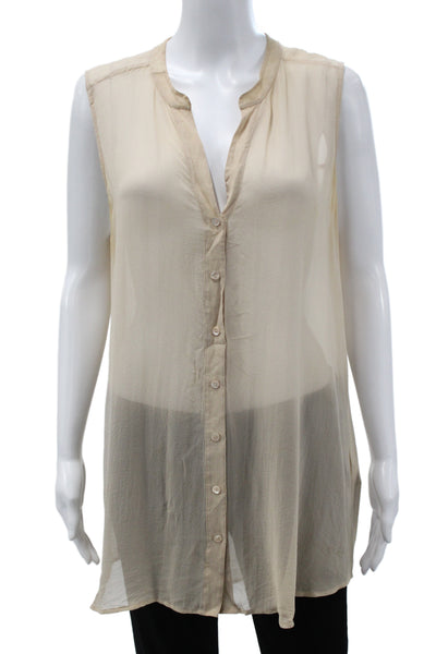 Eileen Fisher Womens Silk V-Neck Sleeveless Tunic Blouse Beige Size L