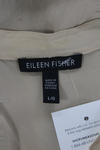Eileen Fisher Womens Silk V-Neck Sleeveless Tunic Blouse Beige Size L