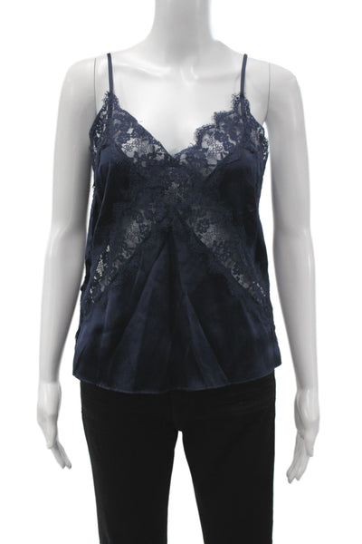 Cami NYC Womens Silk V Neck Lace Cami Pajama Top Sleeveless Blue Size S