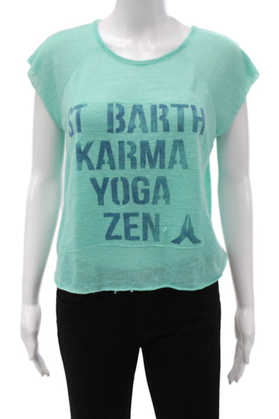 St.Barth Women Cropped T-Shirt Green Linen Graphic Print Sleeveless Size S