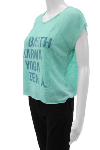 St.Barth Women Cropped T-Shirt Green Linen Graphic Print Sleeveless Size S