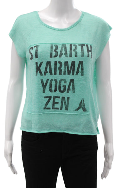 St.Barth Women Basic Linen Graphic T-Shirt Green Round Neck Yoga Size M