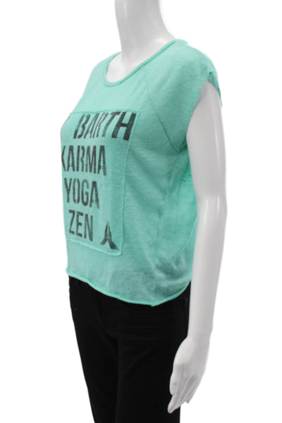St.Barth Women Basic Linen Graphic T-Shirt Green Round Neck Yoga Size M