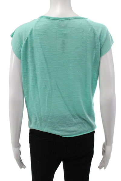 St.Barth Women Basic Linen Graphic T-Shirt Green Round Neck Yoga Size M